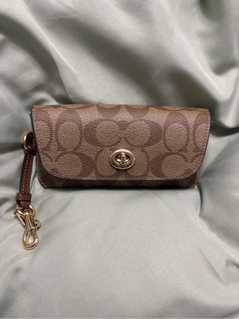 Coach Brown Signature Canvas Turn-Lock Sunglass Case with Gold Hardware